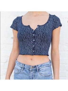 Brandy Melville Blue Floral Short Sleeve Top